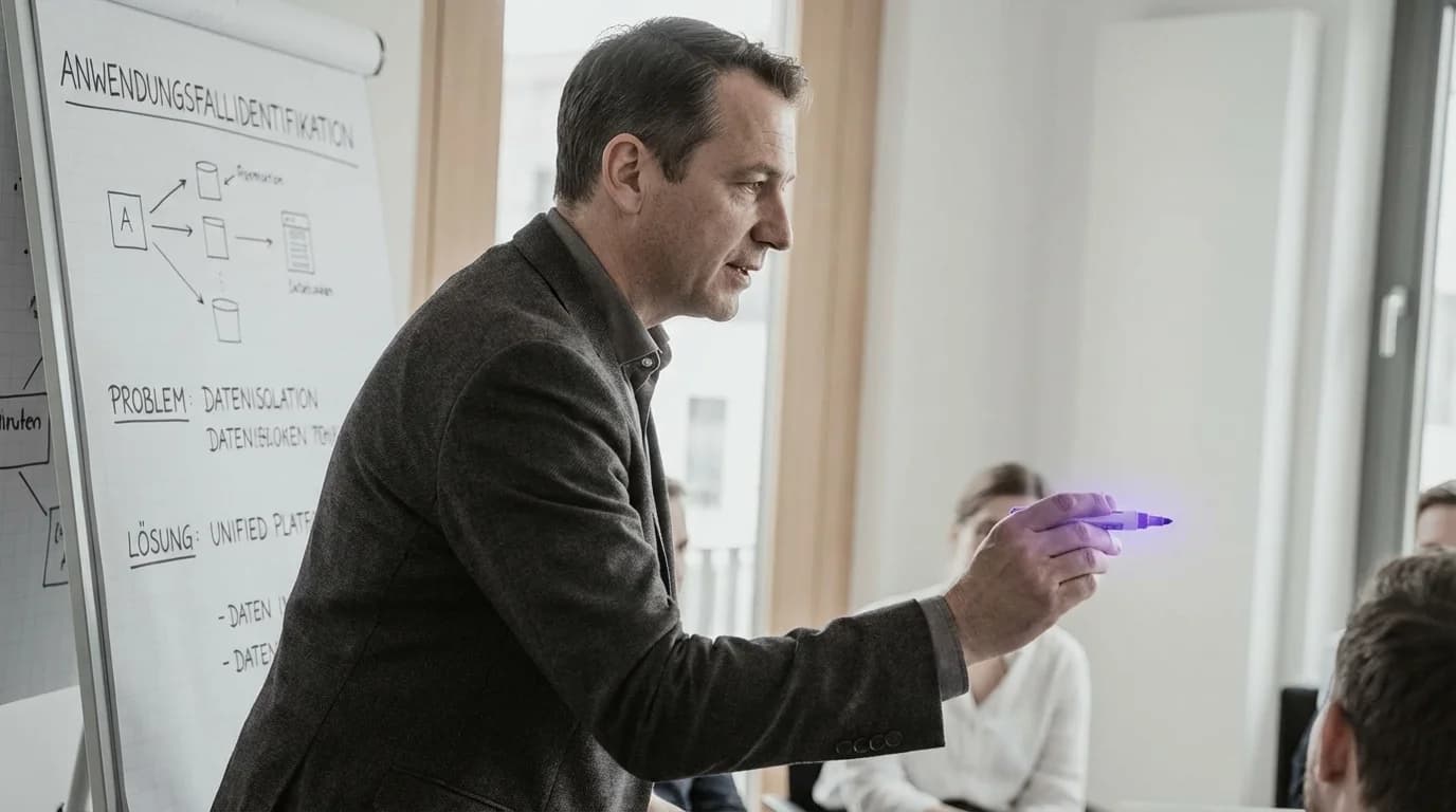 Pinwand mit violett leuchtenden Anwendungsfall-Karten und Verbindungslinien in einem Strategieraum