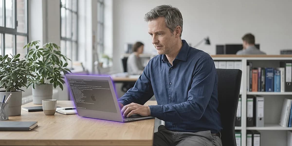 MacBook Pro mit violett leuchtendem Bildschirm auf einem Schreibtisch in einem deutschen Mittelstands-Büro