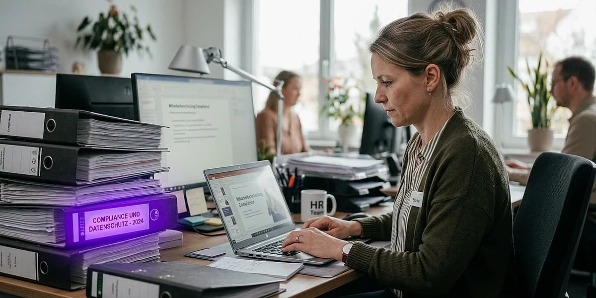 Mitarbeiterin bereitet Compliance-Schulung am Laptop vor, violettes Licht auf dem Bildschirm
