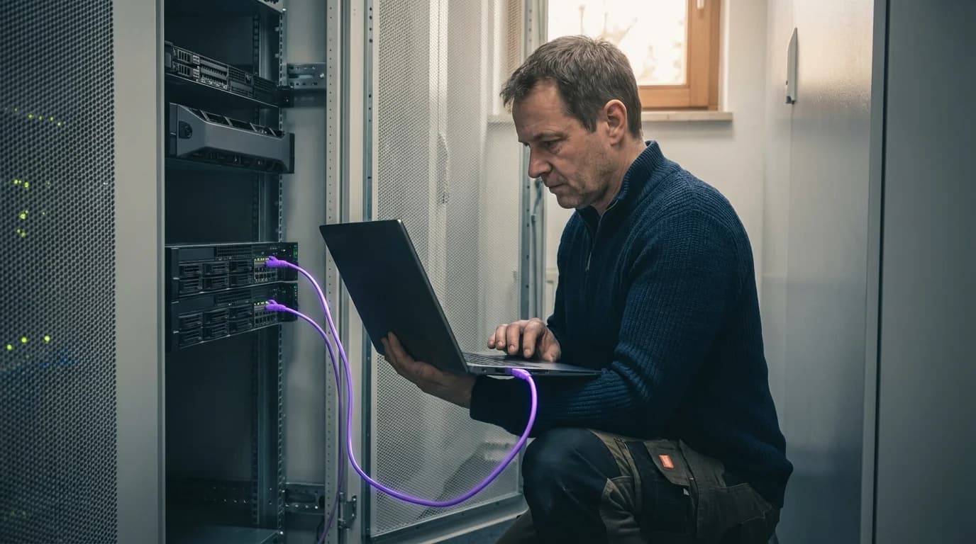 Corporate LLM auf eigenem Server: Rechenzentrum mit violetter Beleuchtung für DSGVO-konforme KI im Mittelstand