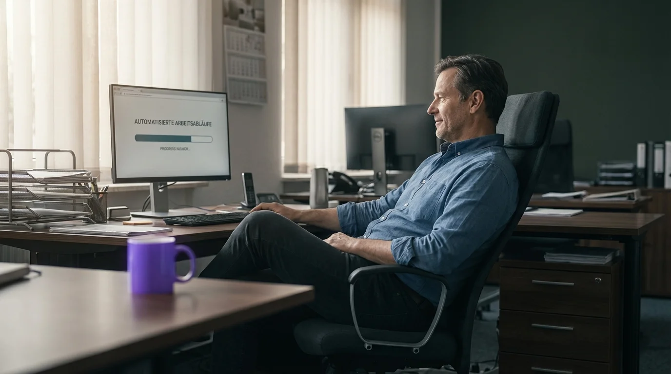 KI-Agent automatisiert Büro-Routine: Autonomer Desktop-Workflow mit leuchtenden Datenströmen