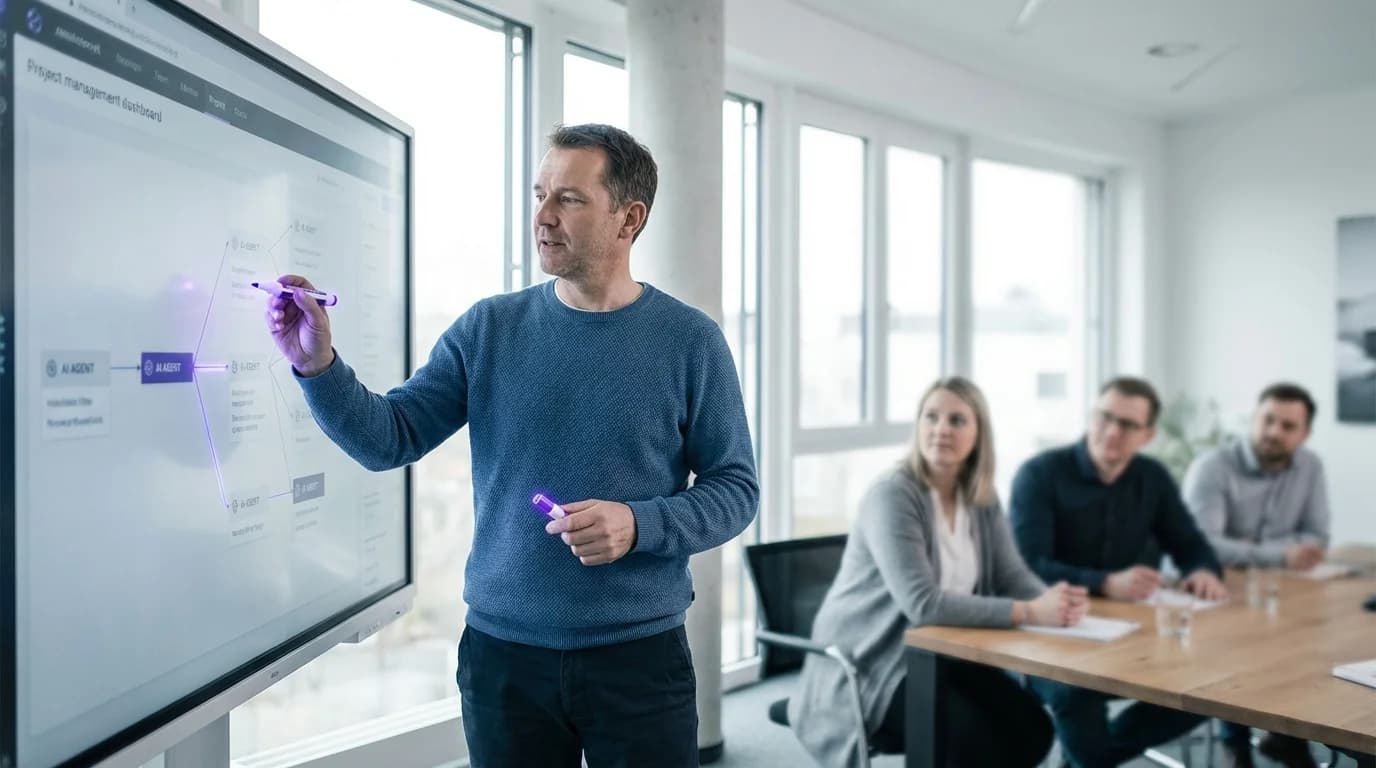 Mehrere KI-Agenten arbeiten als Team zusammen an einem komplexen Projekt in einer futuristischen Arbeitsumgebung