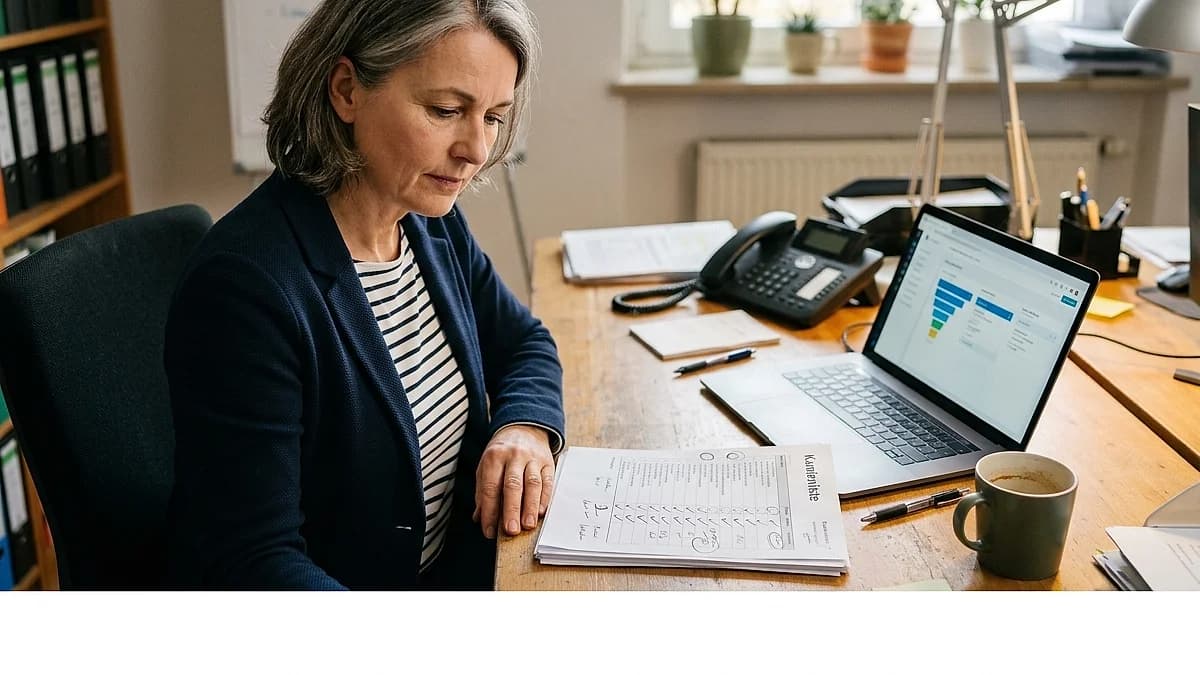 KI im Vertrieb: Vertriebsmitarbeiter nutzt KI-Dashboard für Lead-Qualifizierung am Arbeitsplatz