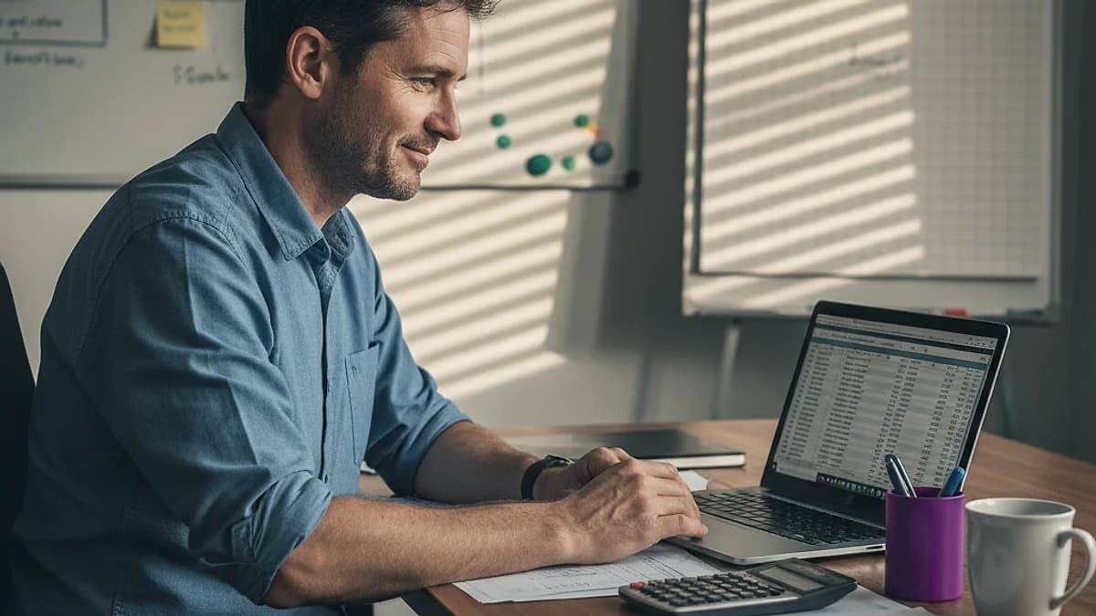 Geschäftsführer kalkuliert KI-Projektkosten am Schreibtisch mit Taschenrechner und Dashboard