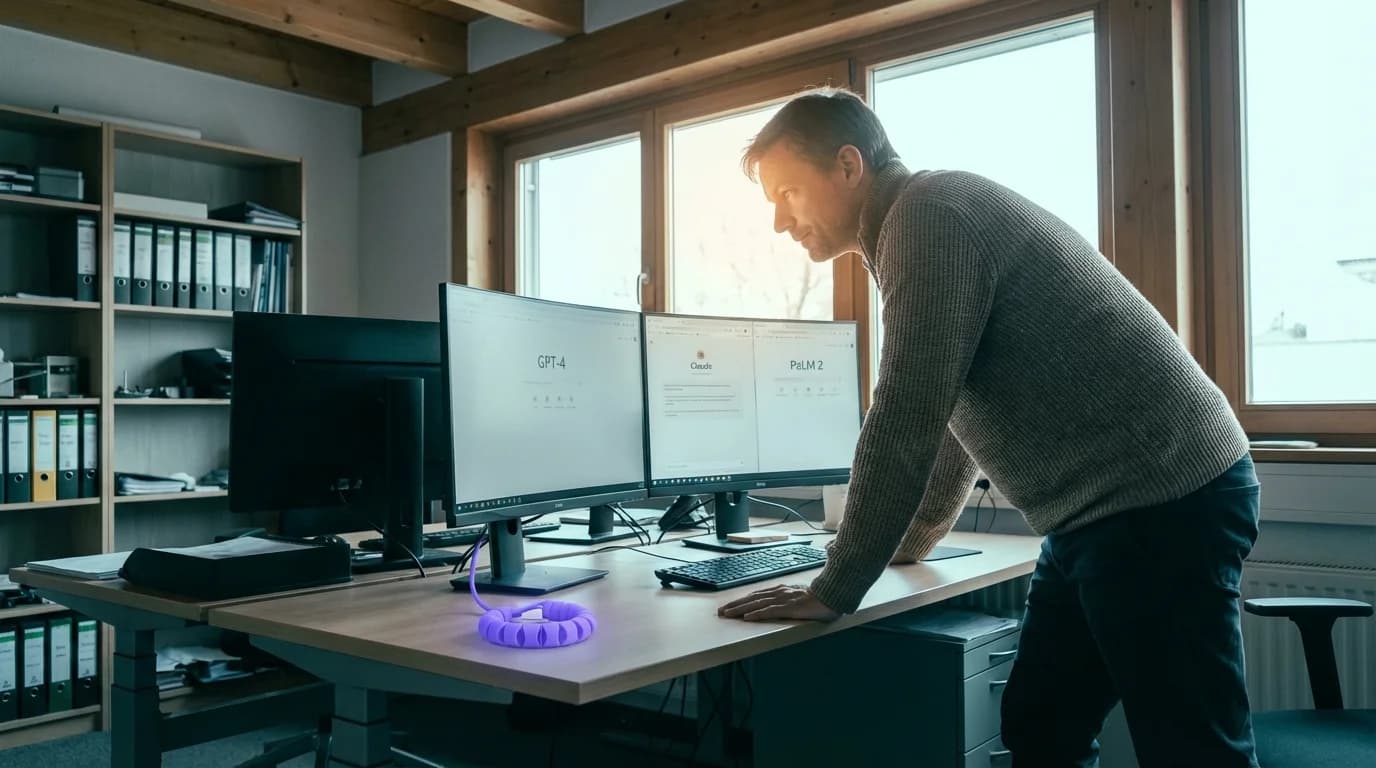 KI-Modell-Vergleich für Wissensarbeit: Holografische Dashboards mit Benchmark-Daten in einem dunklen Kontrollraum