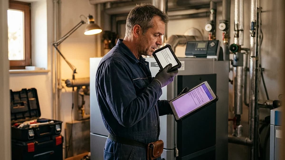 Servicetechniker dokumentiert per Sprache am Tablet, im Hintergrund eine Heizungsanlage, warmes Werkstatt-Licht
