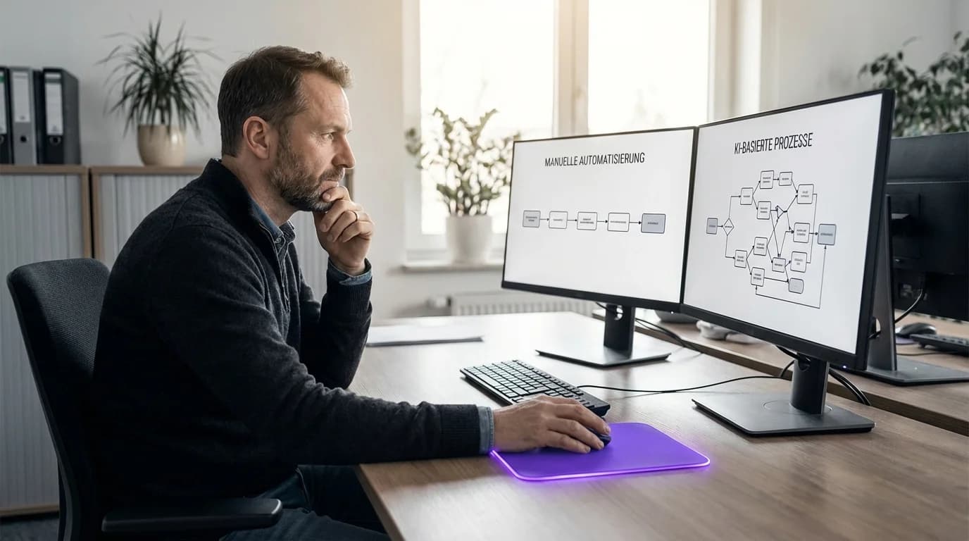 KI vs. klassische Automatisierung: Roboterarm neben Workflow-Diagramm im Vergleich