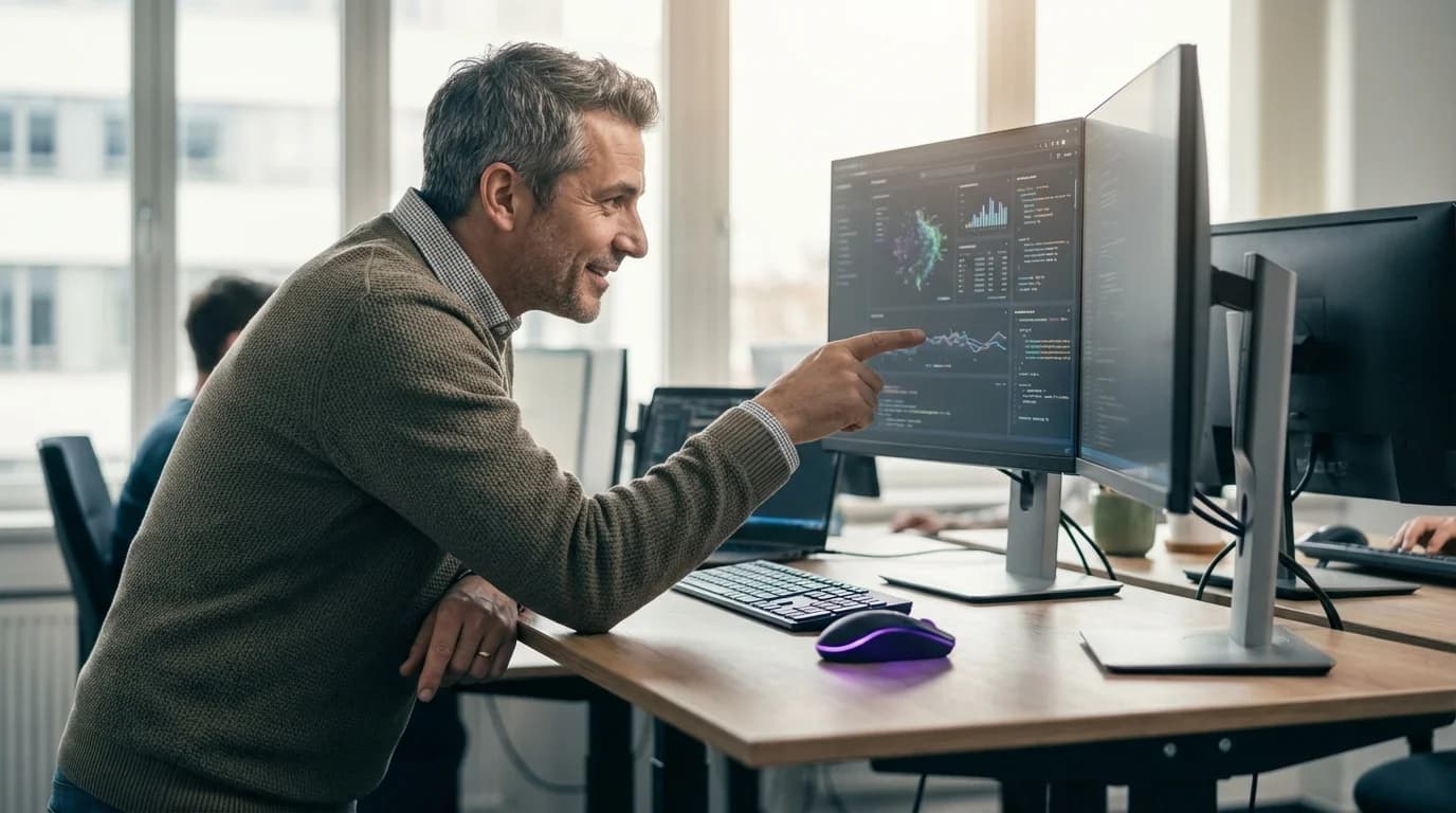 KI-Tools 2026 für den Mittelstand: Futuristischer Arbeitsplatz mit mehreren holografischen Tool-Interfaces in violettem Licht