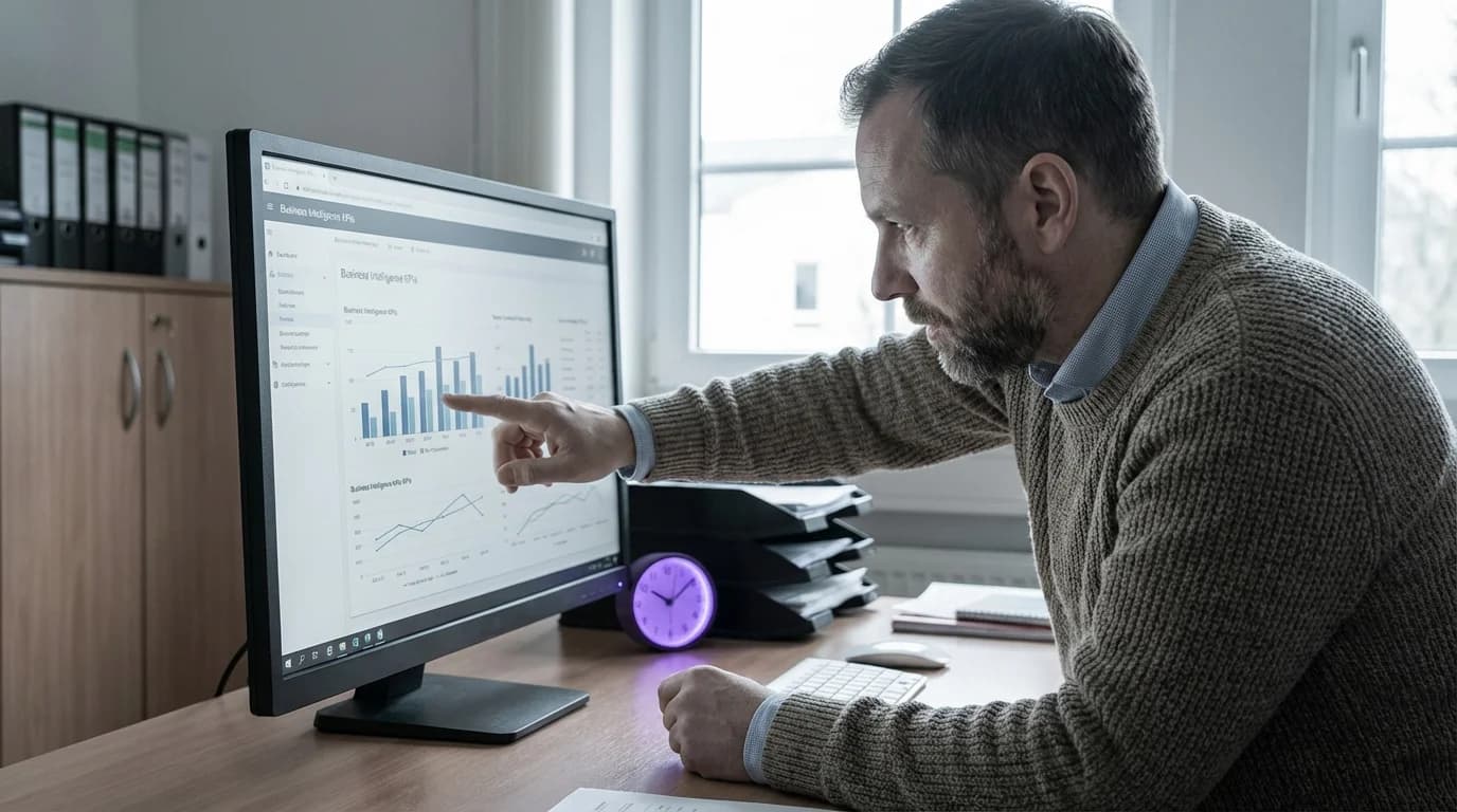 Holografisches Dashboard mit leuchtenden Diagrammen und Kennzahlen in violettem Licht