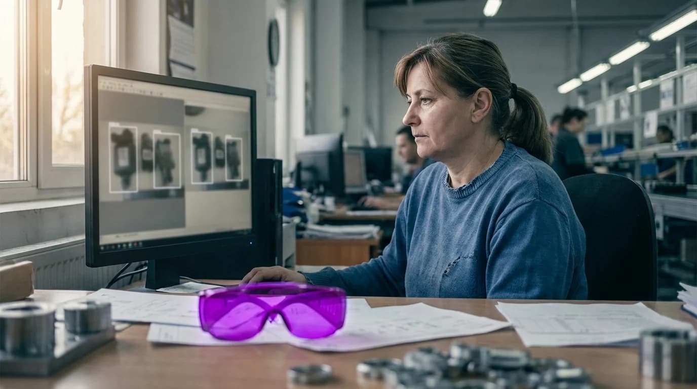 Kameralinse mit violett leuchtendem Erkennungsraster bei der Analyse eines Objekts