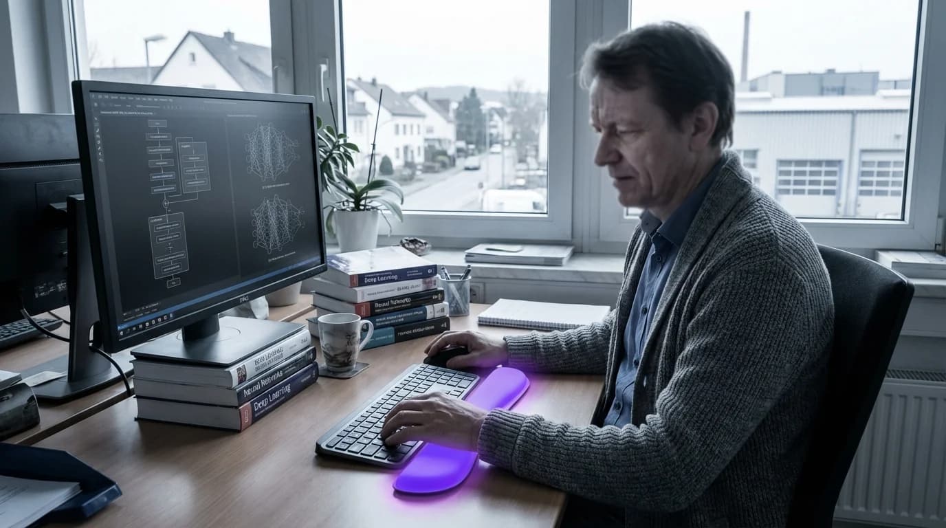 Blick in einen tiefen vertikalen Schacht mit konzentrischen violetten Neon-Ringen