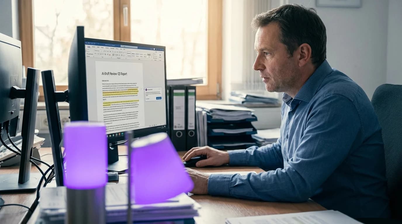 Menschliche Hand und Roboterhand die gemeinsam einen leuchtenden violetten Entscheidungsknopf berühren