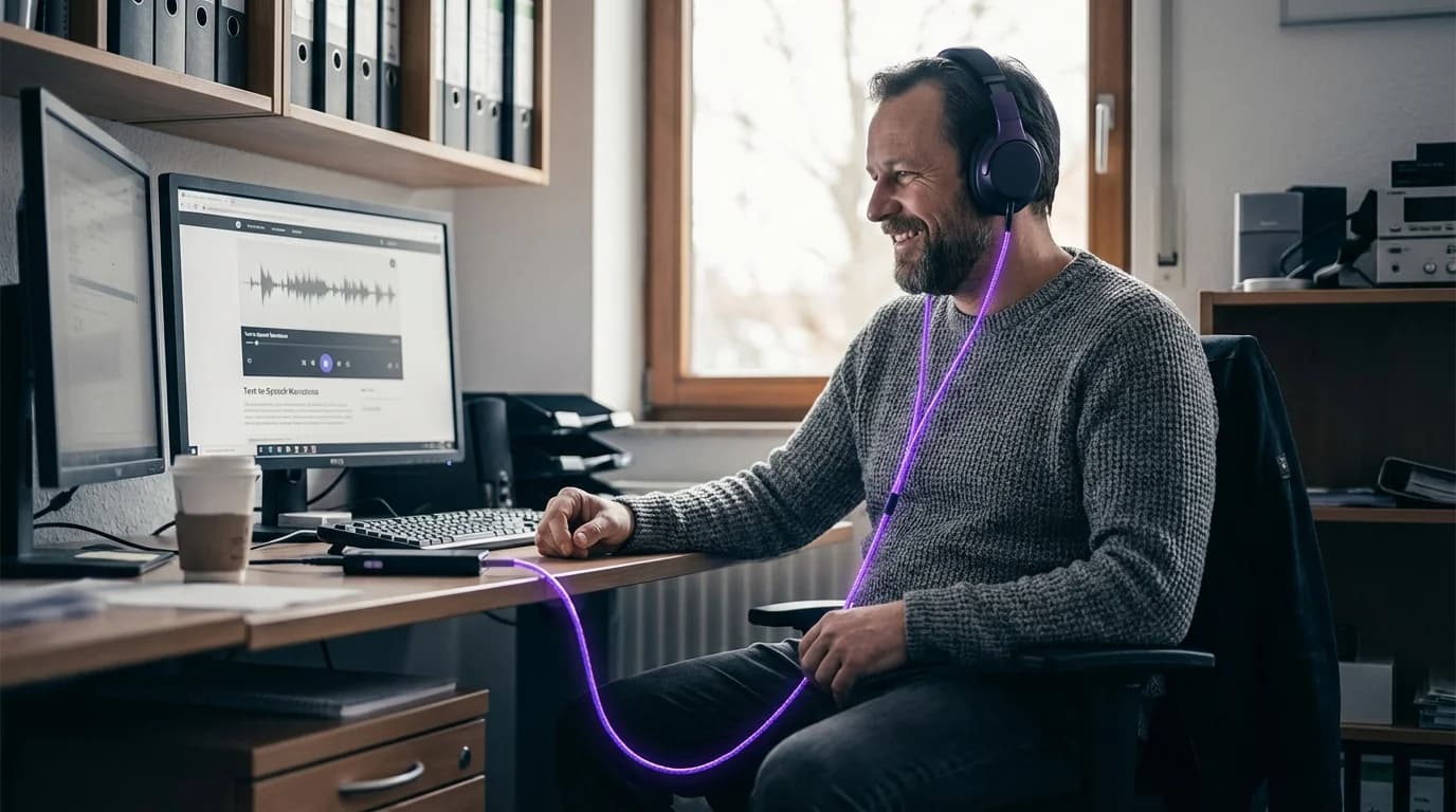 Textzeilen die sich in violett leuchtende Schallwellen verwandeln in einem dunklen Tonstudio