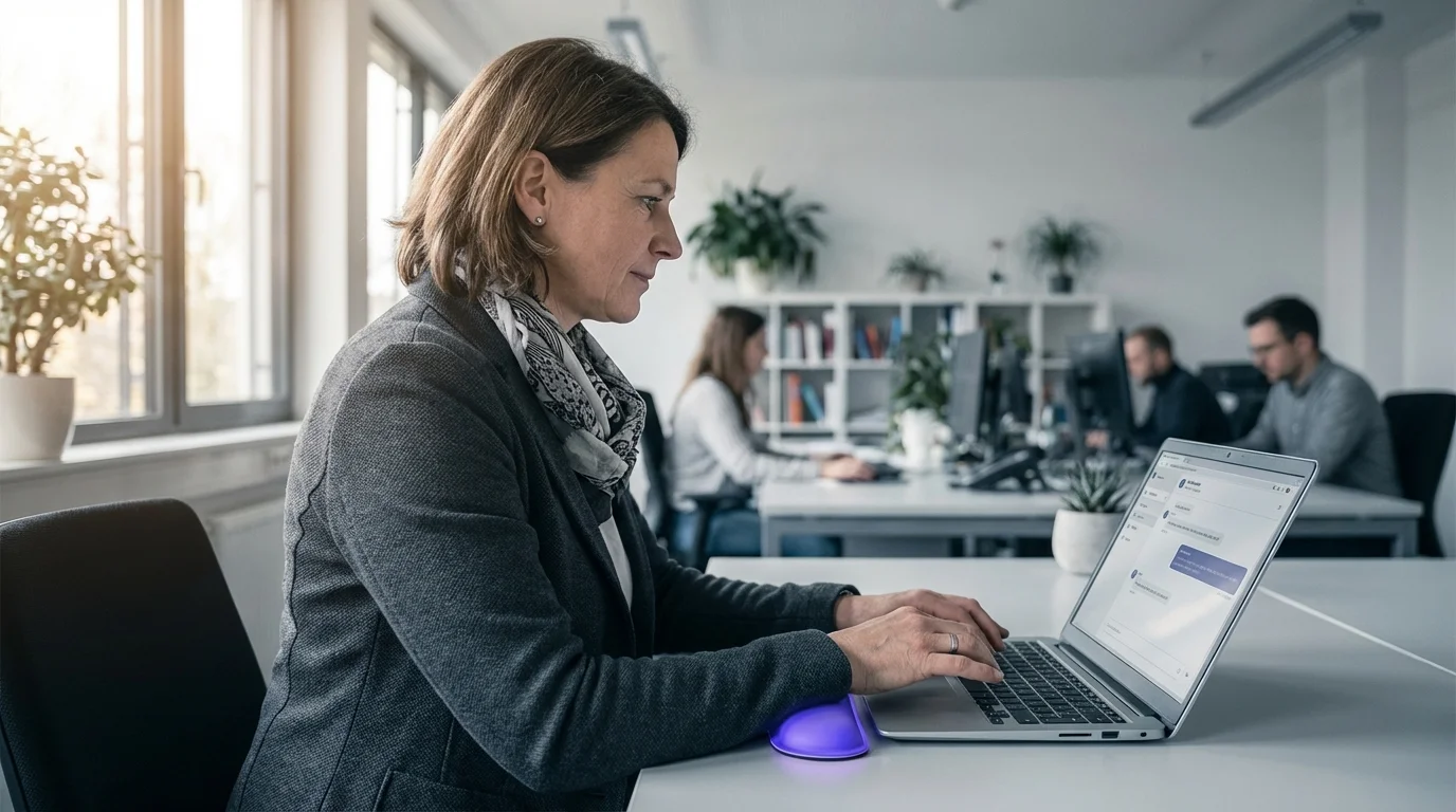 Mitarbeiterin nutzt KI-Assistenten am Arbeitsplatz im modernen Büro