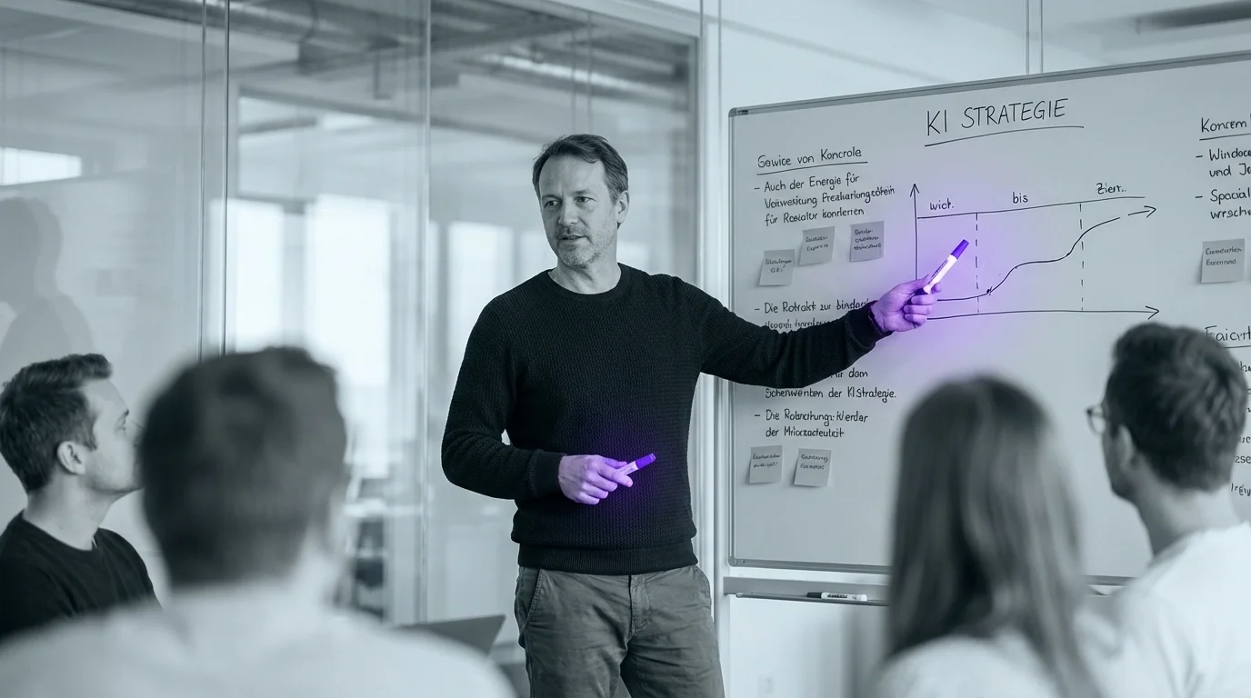 Team bespricht KI-Einführungsstrategie am Whiteboard in Meeting-Raum