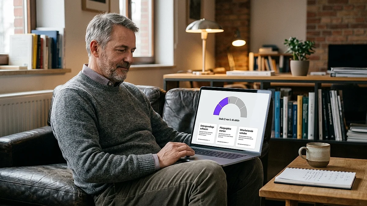 Geschäftsführer absolviert den KI-Readiness-Check am Laptop in einem ruhigen Büro