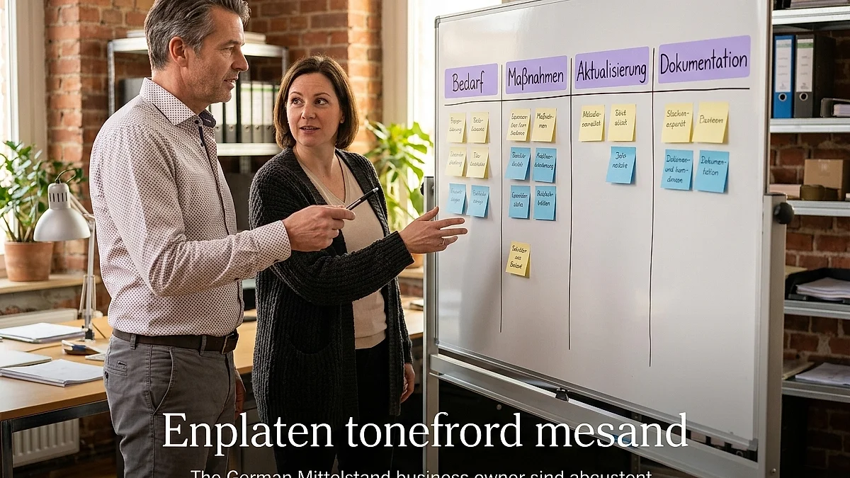 Geschäftsführer und HR-Verantwortliche planen KI-Schulungsmaßnahmen an einem Whiteboard mit Vier-Säulen-Modell